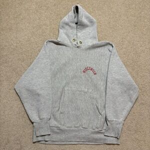 Vtg 70s Champion Reverse Weave Hoodie Wisconsin Badgers Mens Medium Gray Warmup